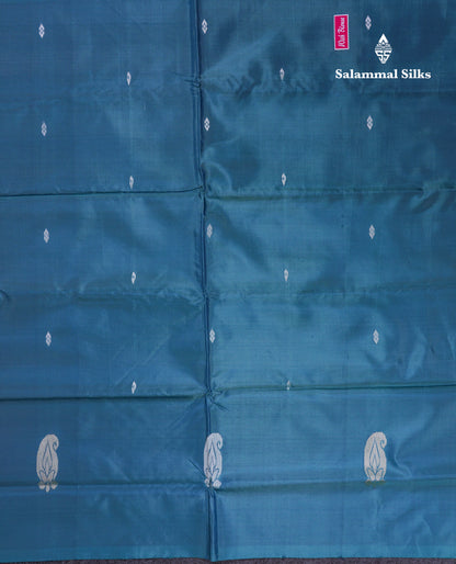 Brown Thread work Buttas Banana Pinth Saree (Vaazhainaar Pattu) With Contrast Ramar Blue Blouse