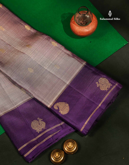 Beautiful Dual Tone Onion Shade Pure Kanjivaram Silk Saree Pure Zari with Contrast Purple Traditional Mango & Annam Butta Gap Border