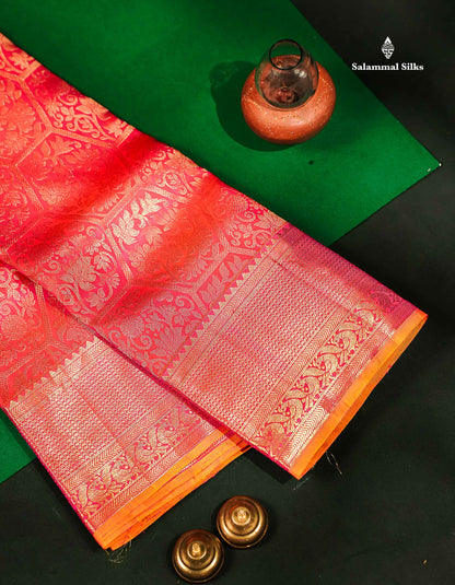Beautiful Dual Tone Pinkish Orange Bridal Pure Kanjivaram Silk Saree With Traditional Border