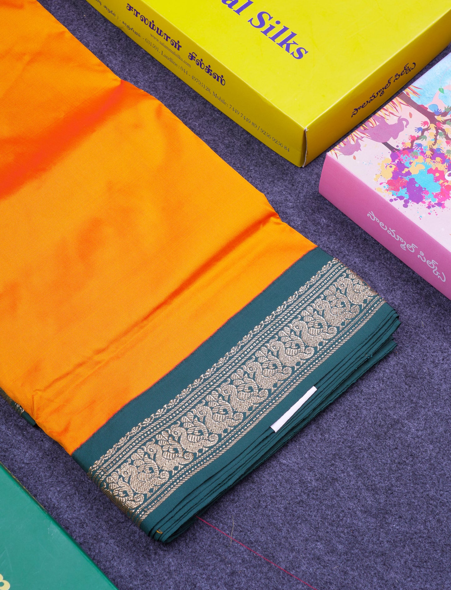 9.5 Yards Semi Silk Saree Orange with Contrast Bottle Green Traditional Border