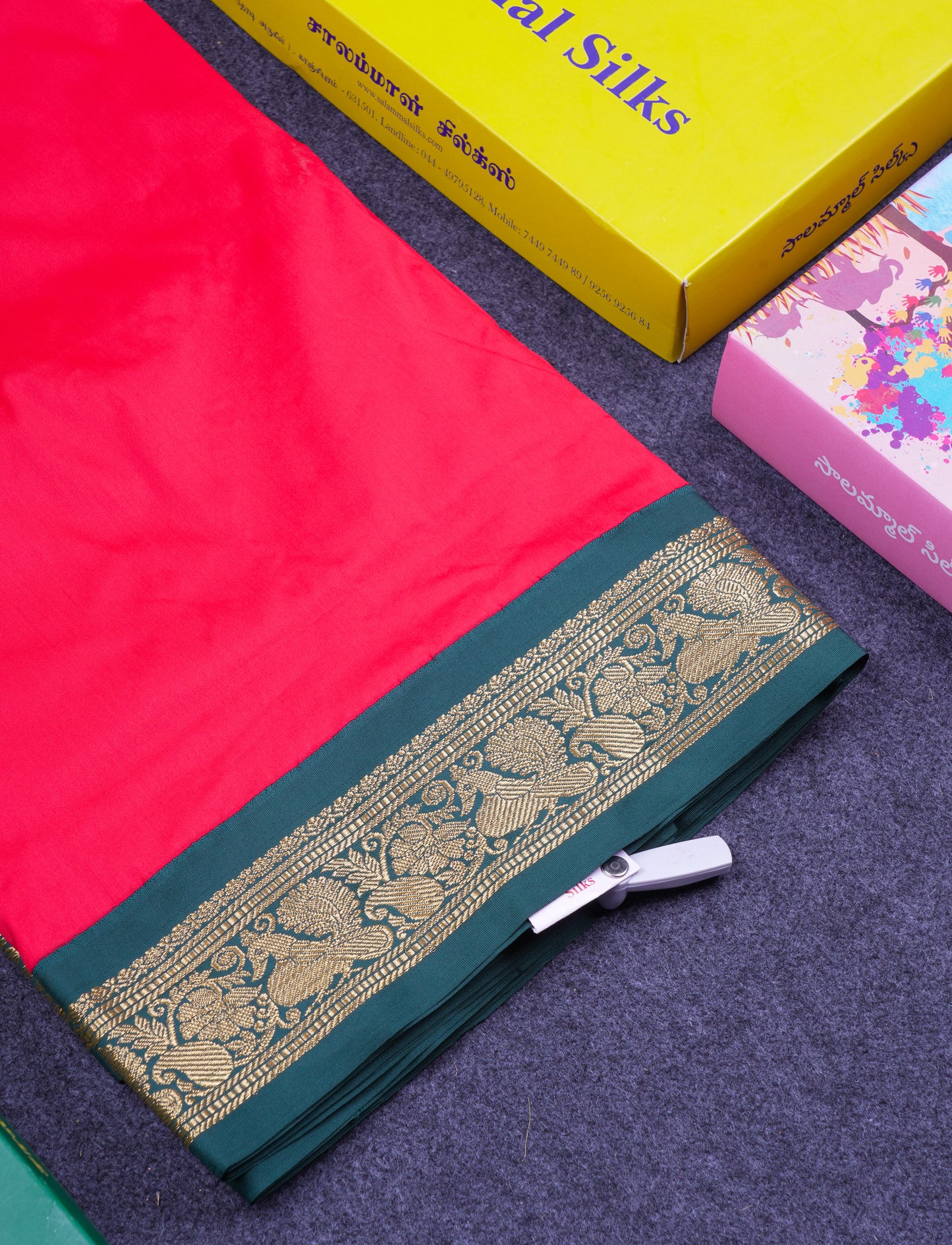 11 Yards Semi Silk Saree Chilly Red with Contrast Bottle Green Traditional Border