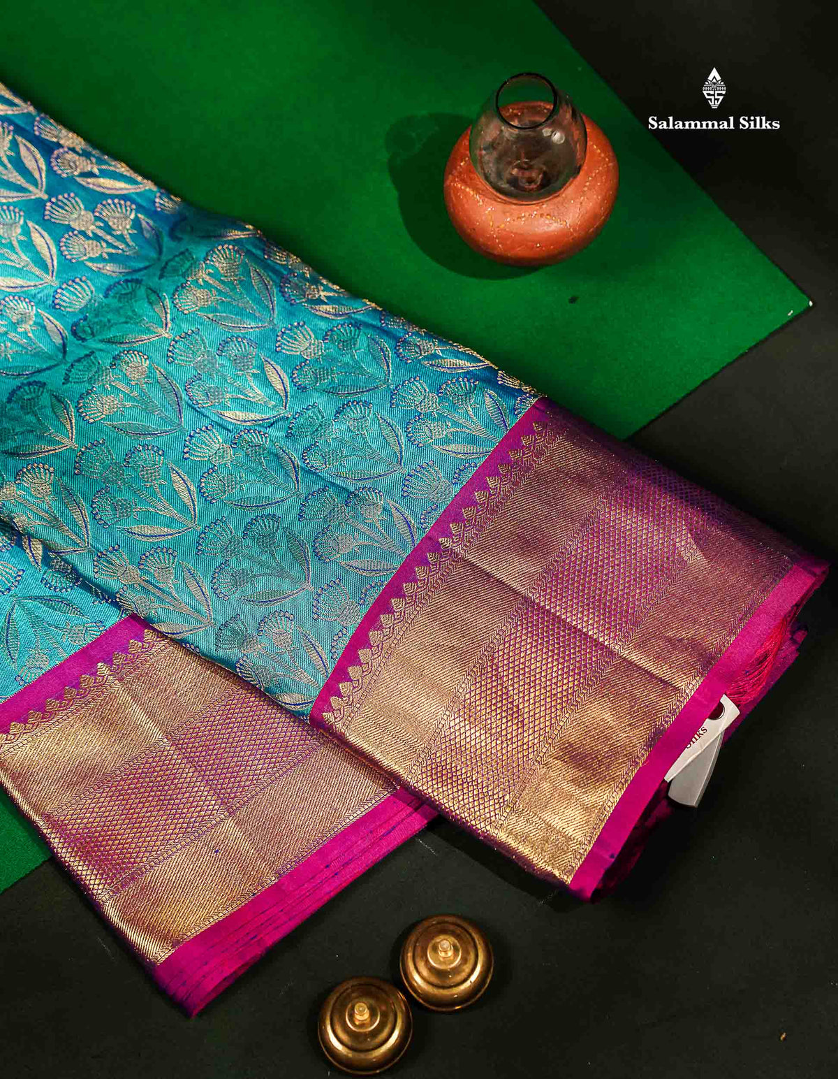 Beautiful Peacock Blue Bridal Pure Kanjivaram Silk Saree With Contrast Vadamalli Traditional Border
