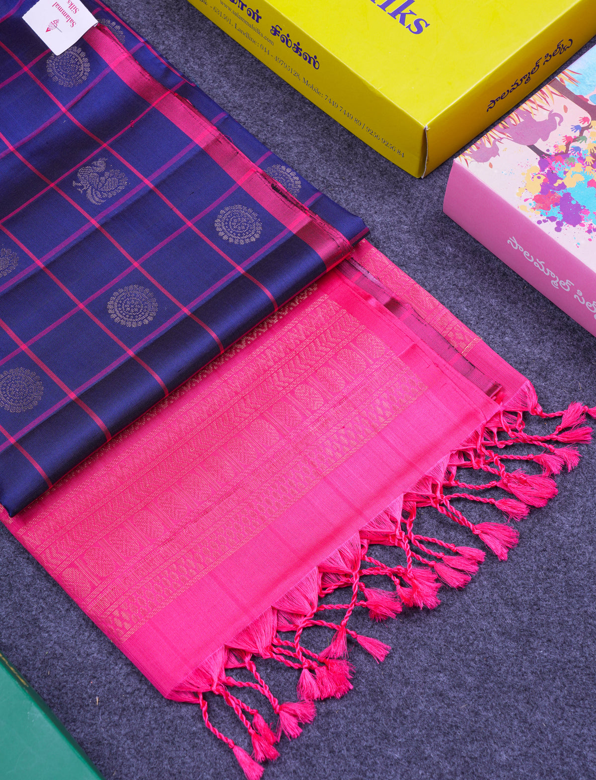 Beautiful Navy Blue Checks With Butta Pure Kanjivaram Soft Silk Saree With Contrast Pink Blouse