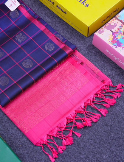 Beautiful Navy Blue Checks With Butta Pure Kanjivaram Soft Silk Saree With Contrast Pink Blouse