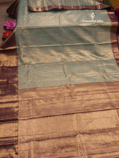 Light Brown Tissue Bridal Semi Silk Saree With Contrast Purple Border
