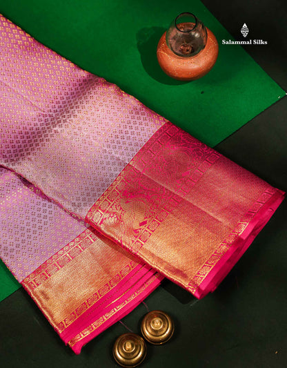 Beautiful Lavender Bridal Pure Kanjivaram Silk Saree With Contrast Pink Traditional Evening Morning Border