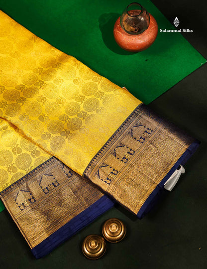 Beautiful Lemon Yellow Bridal Pure Kanjivaram Silk Saree With Contrast Navy Blue Traditional Border