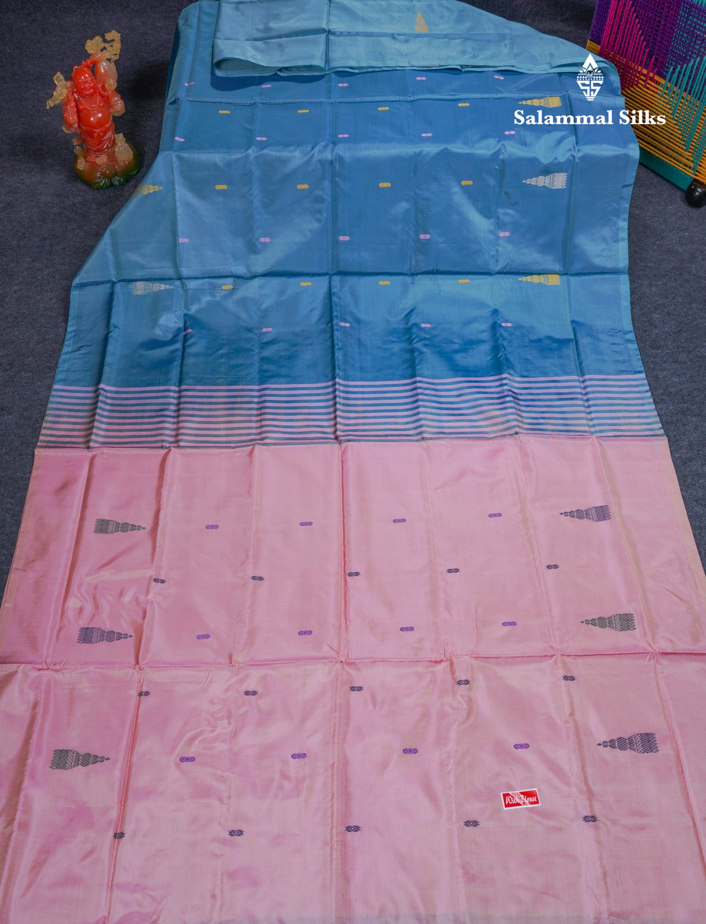 Pastel Blue Thread work Buttas Banana Pinth Saree (Vaazhainaar Pattu) With Contrast Baby Pink Blouse