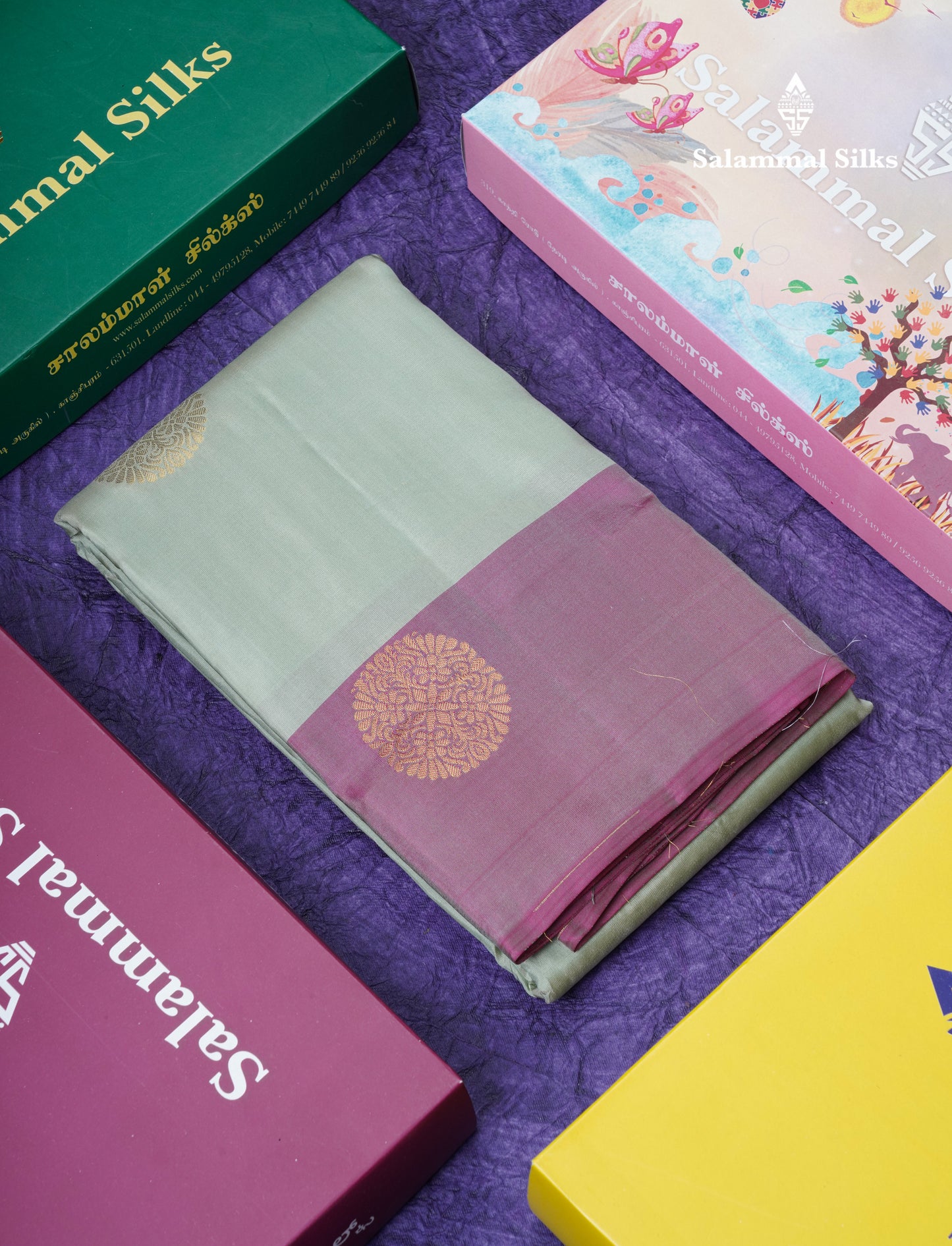 Light Elaichi Green Puremix Silk Saree With Contrast Dual Tone Purple Border