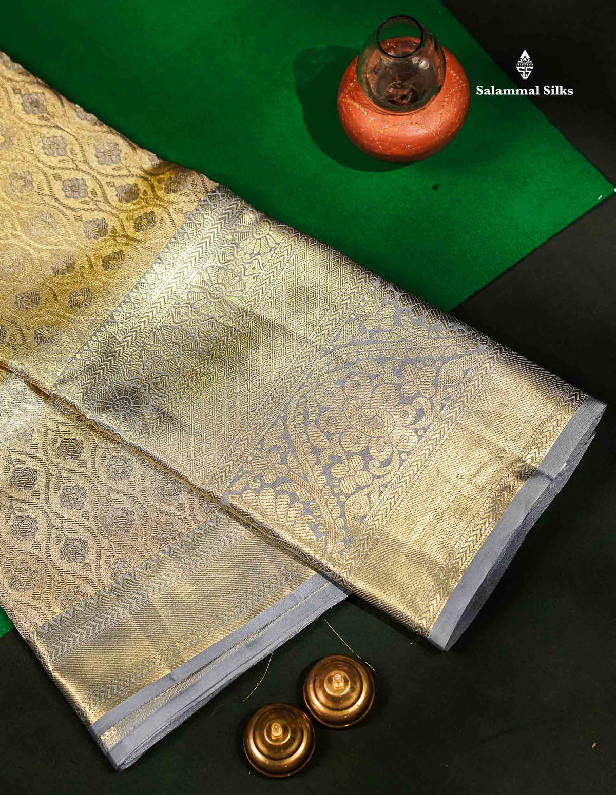 Beautiful Gold Tissue Bridal Pure Kanjivaram Silk Saree With Contrast Light Grey Traditional Evening Morning Border