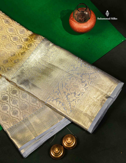 Beautiful Gold Tissue Bridal Pure Kanjivaram Silk Saree With Contrast Light Grey Traditional Evening Morning Border