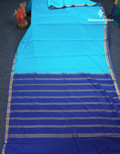 Beautiful Light Ramar Blue Plain Semi Mysore Silk Saree With Contrast Navy Blue Traditional Small Border