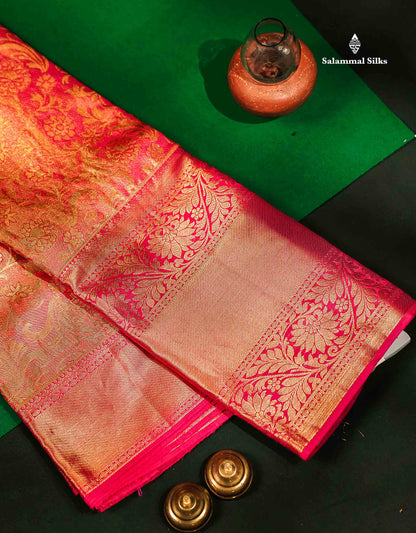 Beautiful Dual Tone Pinkish Peach Tissue Bridal Pure Kanjivaram Silk Saree With Contrast Pink Traditional Evening Morning Border