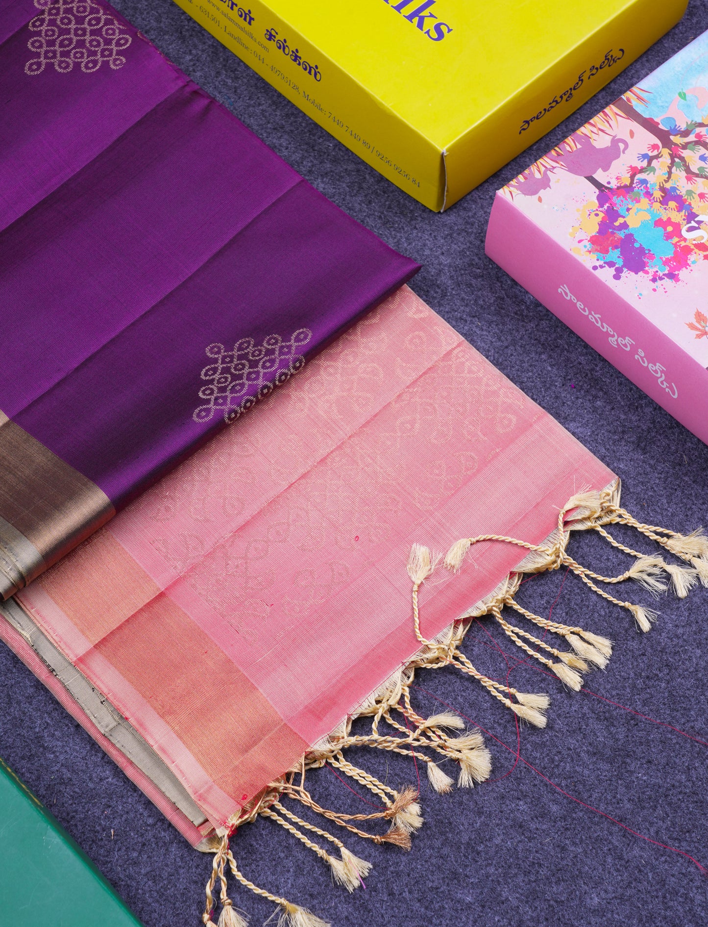 Beautiful Dark Purple Pure Kanjivaram Soft Silk Saree With Contrast Dark Peach Blouse