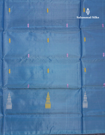 Pastel Blue Thread work Buttas Banana Pinth Saree (Vaazhainaar Pattu) With Contrast Baby Pink Blouse