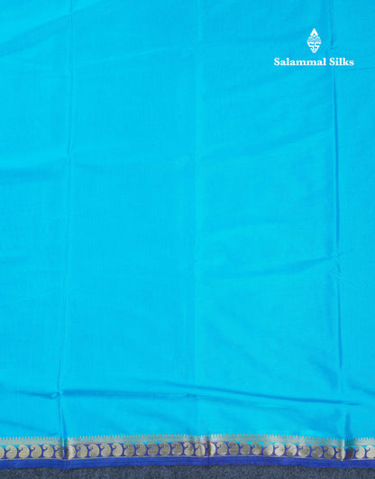 Beautiful Light Ramar Blue Plain Semi Mysore Silk Saree With Contrast Navy Blue Traditional Small Border