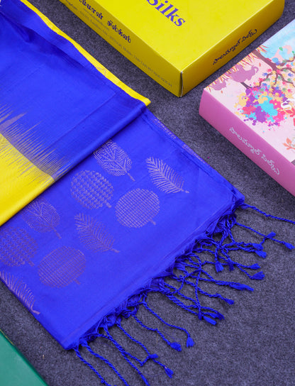 Beautiful Yellow Pure Kanjivaram Soft Silk Saree With Contrast Royal Blue Fancy Border