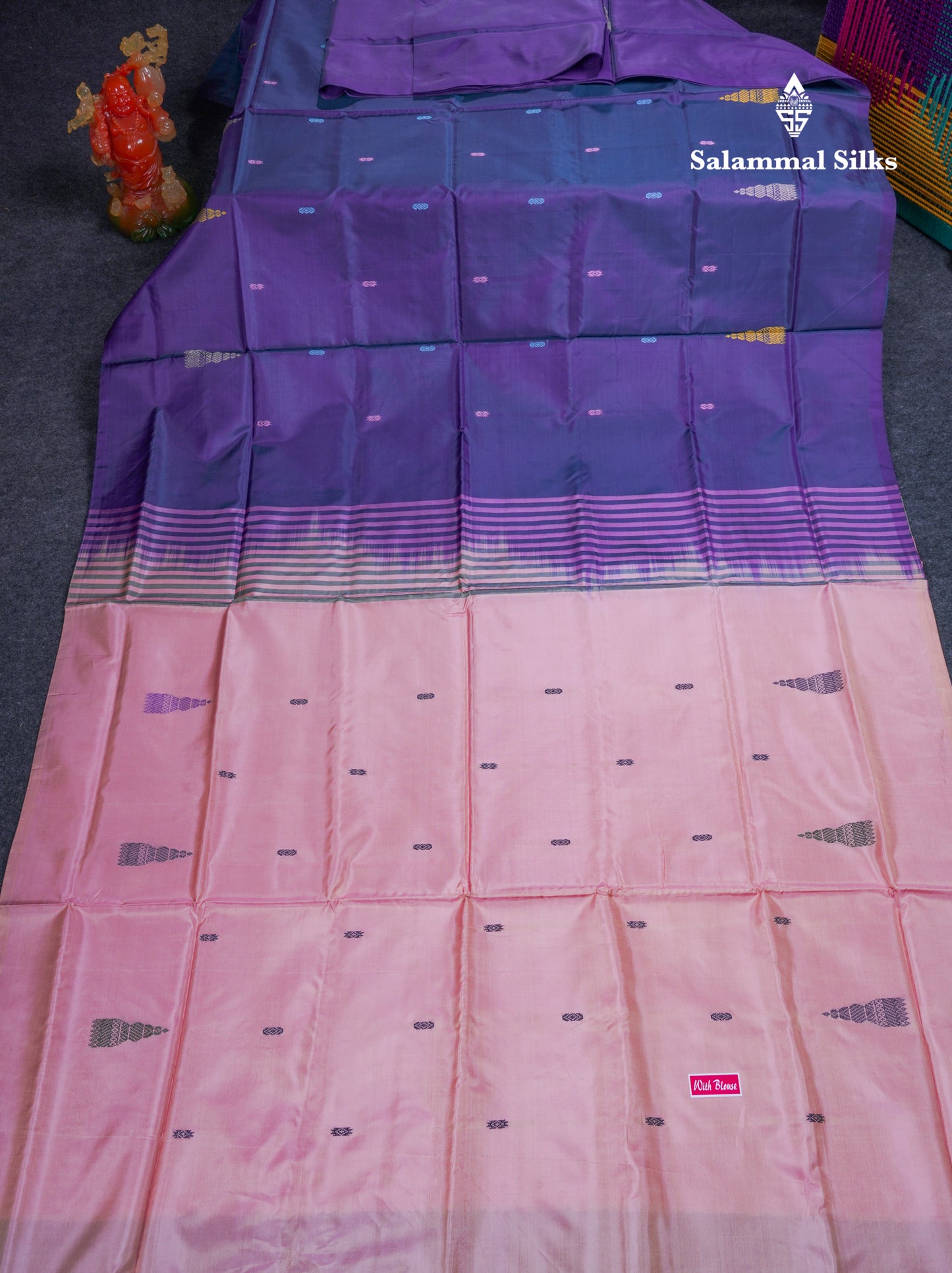 Pastel Blue Thread work Buttas Banana Pinth Saree (Vaazhainaar Pattu) With Contrast Baby Pink Blouse