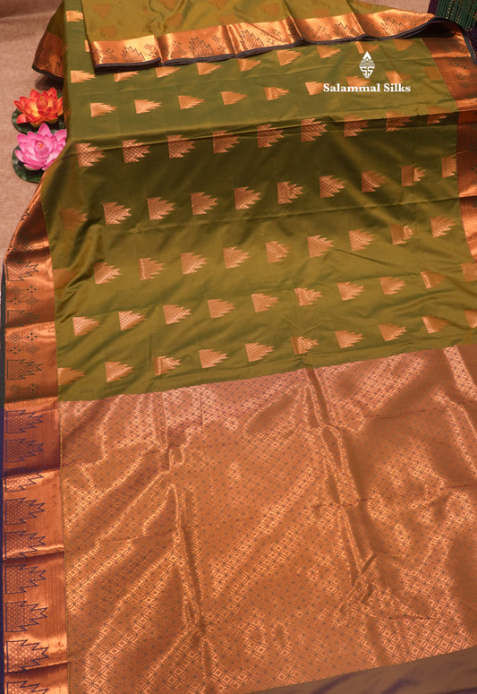 Olive Green Colour Semi Silk Saree With Copper Zari Border