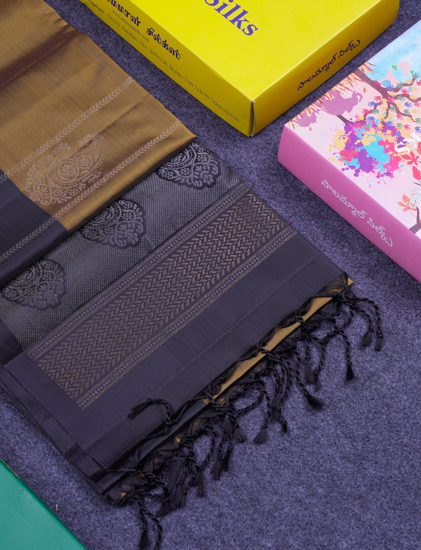 Beautiful Olive Mustard Yellow PureMix Kanjivaram Soft Silk Saree With Contrast Light Black Fancy Border
