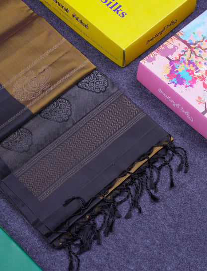 Beautiful Olive Mustard Yellow PureMix Kanjivaram Soft Silk Saree With Contrast Light Black Fancy Border