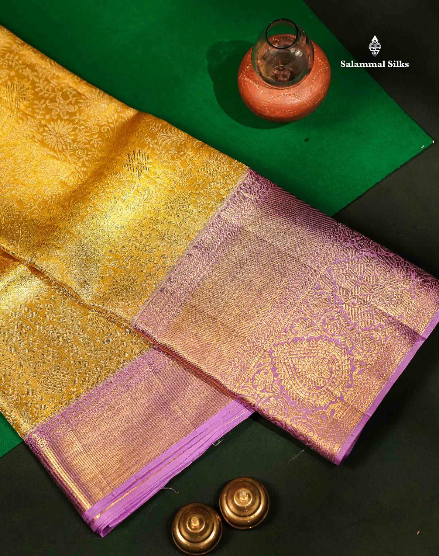 Beautiful Gold Tissue Bridal Pure Kanjivaram Silk Saree With Contrast Lavender Traditional Evening Morning Border