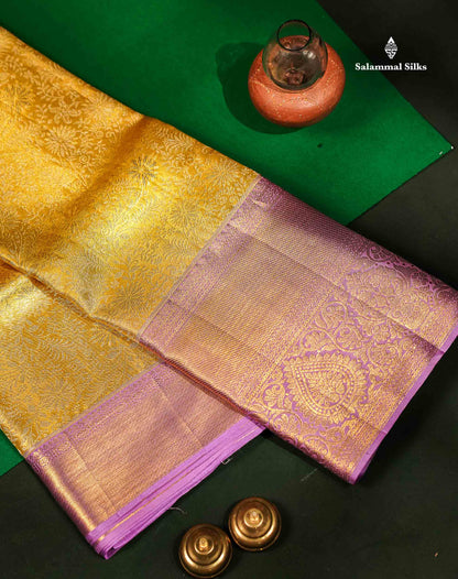 Beautiful Gold Tissue Bridal Pure Kanjivaram Silk Saree With Contrast Lavender Traditional Evening Morning Border
