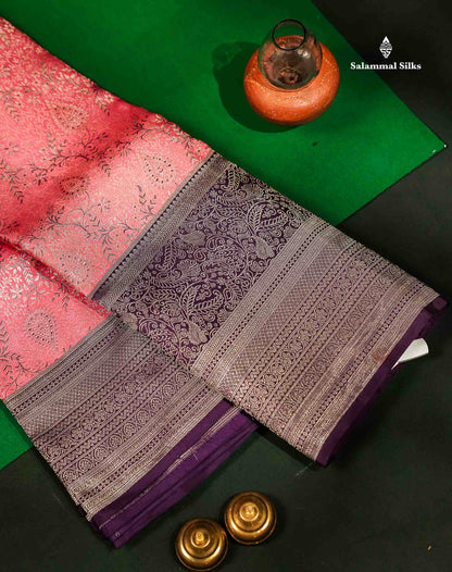 Beautiful Light Pink Menakari Work Bridal Pure Kanjivaram Silk Saree With Contrast Dark Purple Traditional Evening Morning Border
