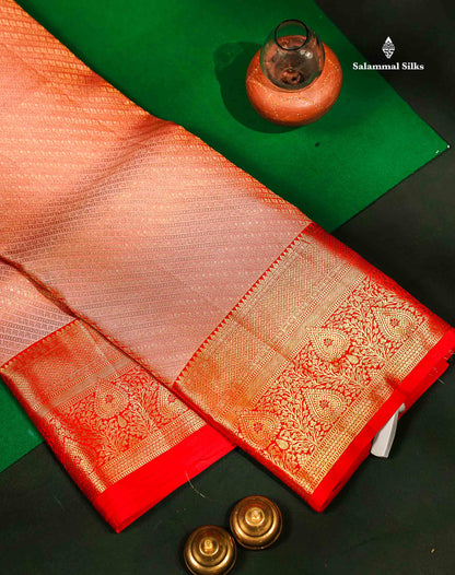Beautiful Dark Peach Bridal Pure Kanjivaram Silk Saree With Contrast Chilly Red Traditional Border