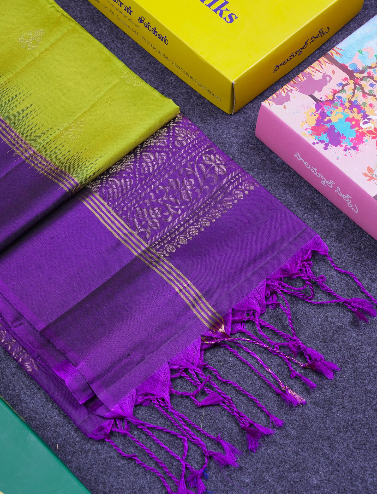 Beautiful Manthulir Yellow Pure Kanjivaram Soft Silk Saree With Contrast Violet Fancy Border