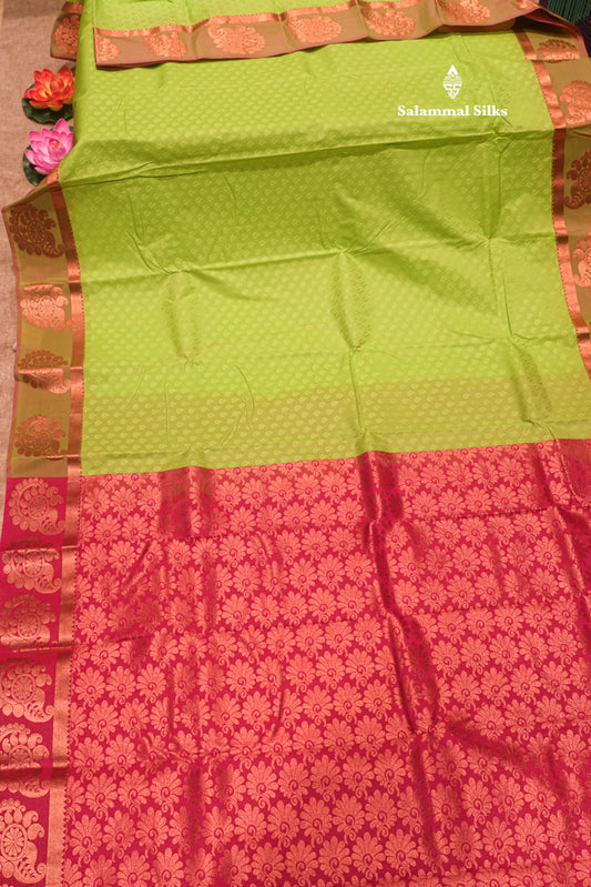 Parrot Green Colour Empose Semi Silk Saree With Copper Zari Border