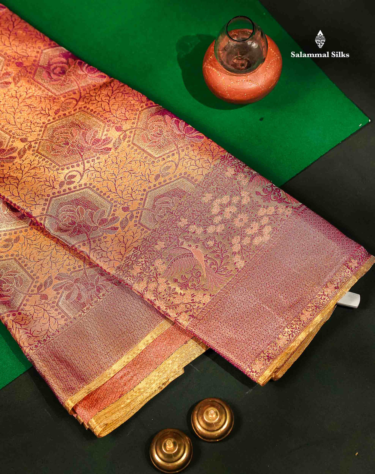 Beautiful Peach Tissue Bridal Menakari Work Fancy Pure Kanjivaram Silk Saree With Contrast Gold Blouse