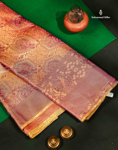 Beautiful Peach Tissue Bridal Menakari Work Fancy Pure Kanjivaram Silk Saree With Contrast Gold Blouse