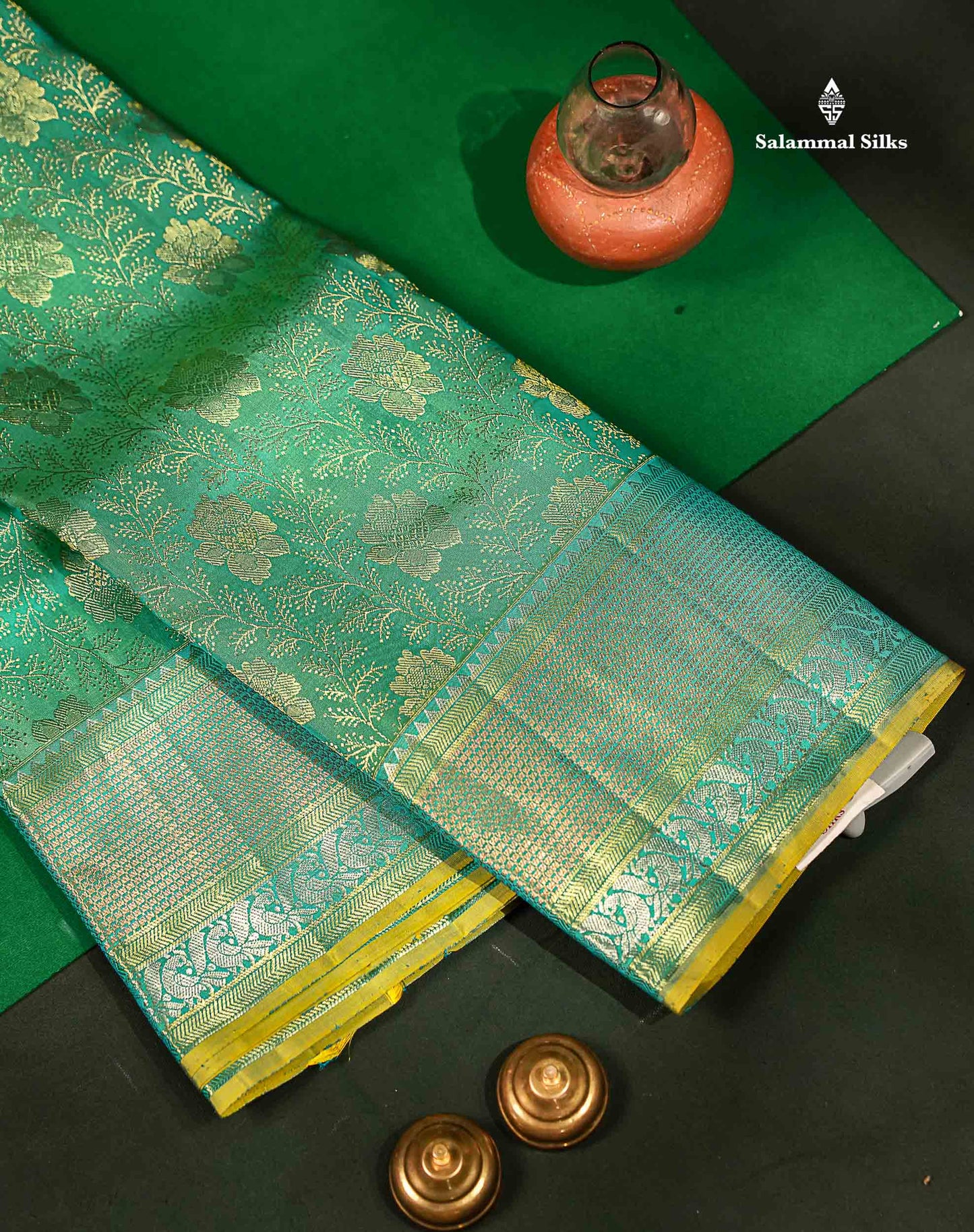 Beautiful Sapphire Green Bridal Pure Kanjivaram Silk Saree With Traditional Border
