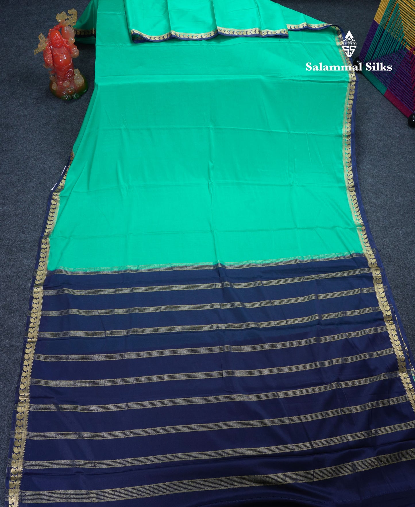 Beautiful Light Ramar Blue Plain Semi Mysore Silk Saree With Contrast Navy Blue Traditional Small Border