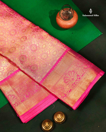Beautiful Light Pink Tissue Bridal Pure Kanjivaram Silk Saree With Contrast Pink Traditional Border