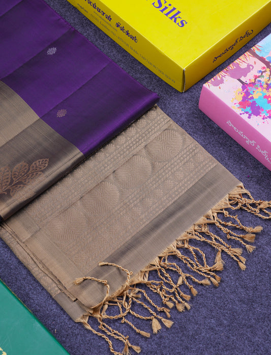 Beautiful Dark Purple PureMix Kanjivaram Soft Silk Saree With Contrast Light Brown Fancy Border
