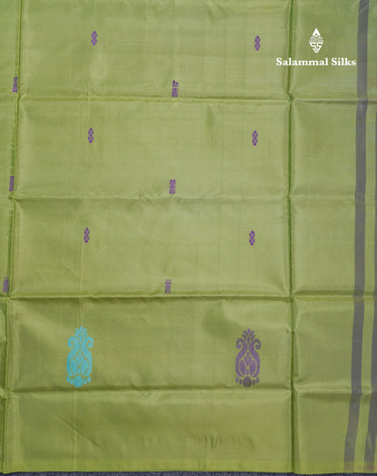 Parrot Green Thread work Buttas Banana Pinth Saree (Vaazhainaar Pattu) With Contrast Peach Blouse