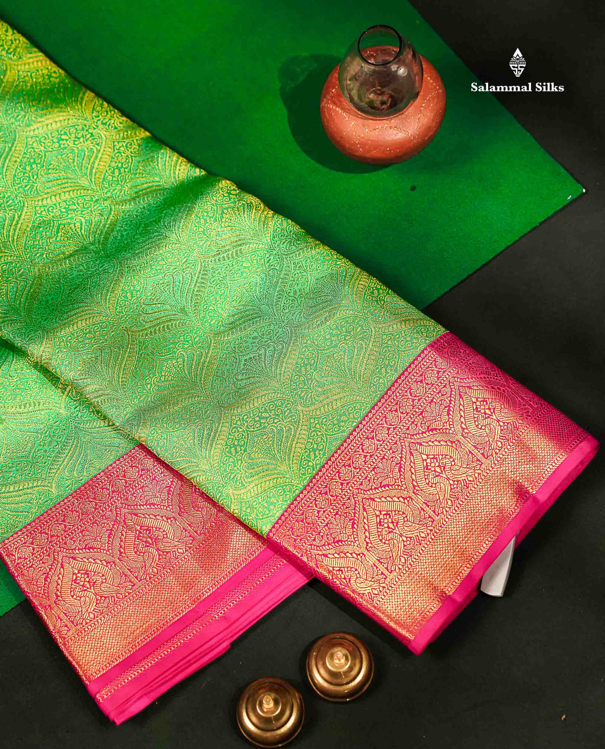 Beautiful Rexona Green Bridal Pure Kanjivaram Silk Saree With Contrast Pink Traditional Border