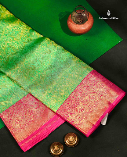Beautiful Rexona Green Bridal Pure Kanjivaram Silk Saree With Contrast Pink Traditional Border