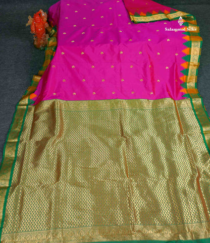 Semi Silk Saree - Magenta Pink Colour Body Zari Butta With Temple Border | 9.5 Yards