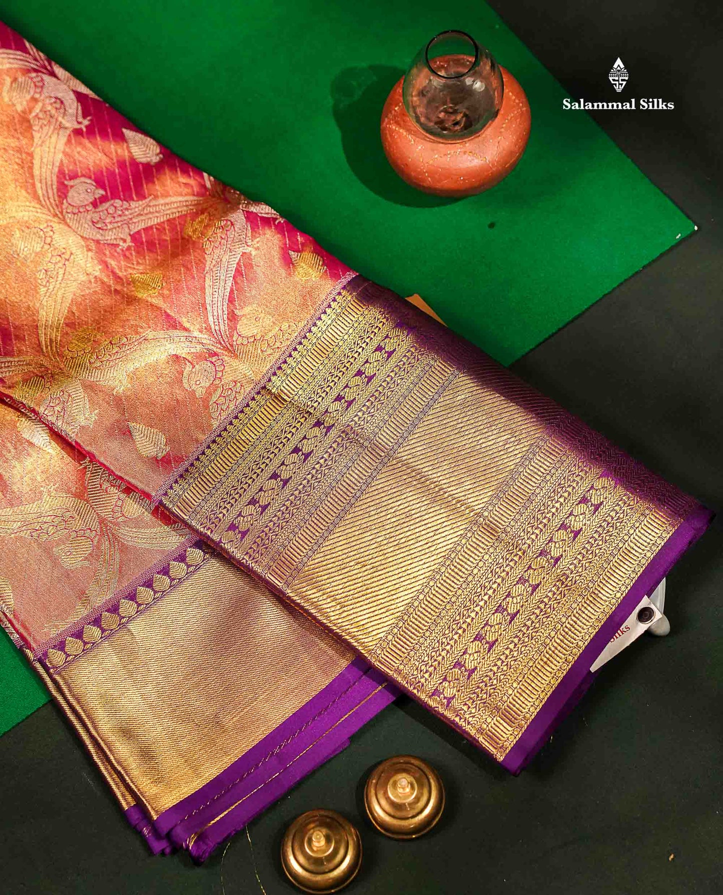 Pink Tissue Bridal Pure Kanjivaram Silk Saree With Contrast Dark Purple Long Traditional Border