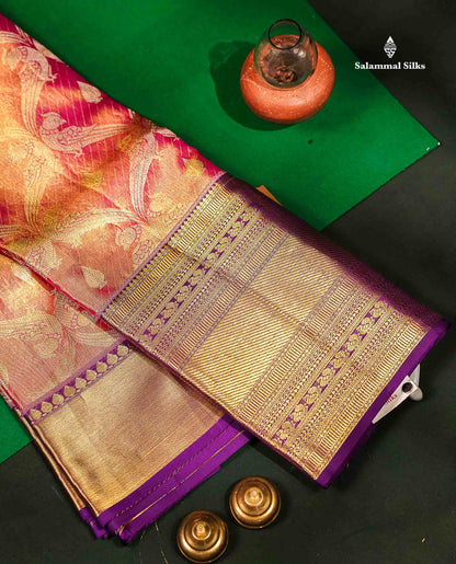 Pink Tissue Bridal Pure Kanjivaram Silk Saree With Contrast Dark Purple Long Traditional Border