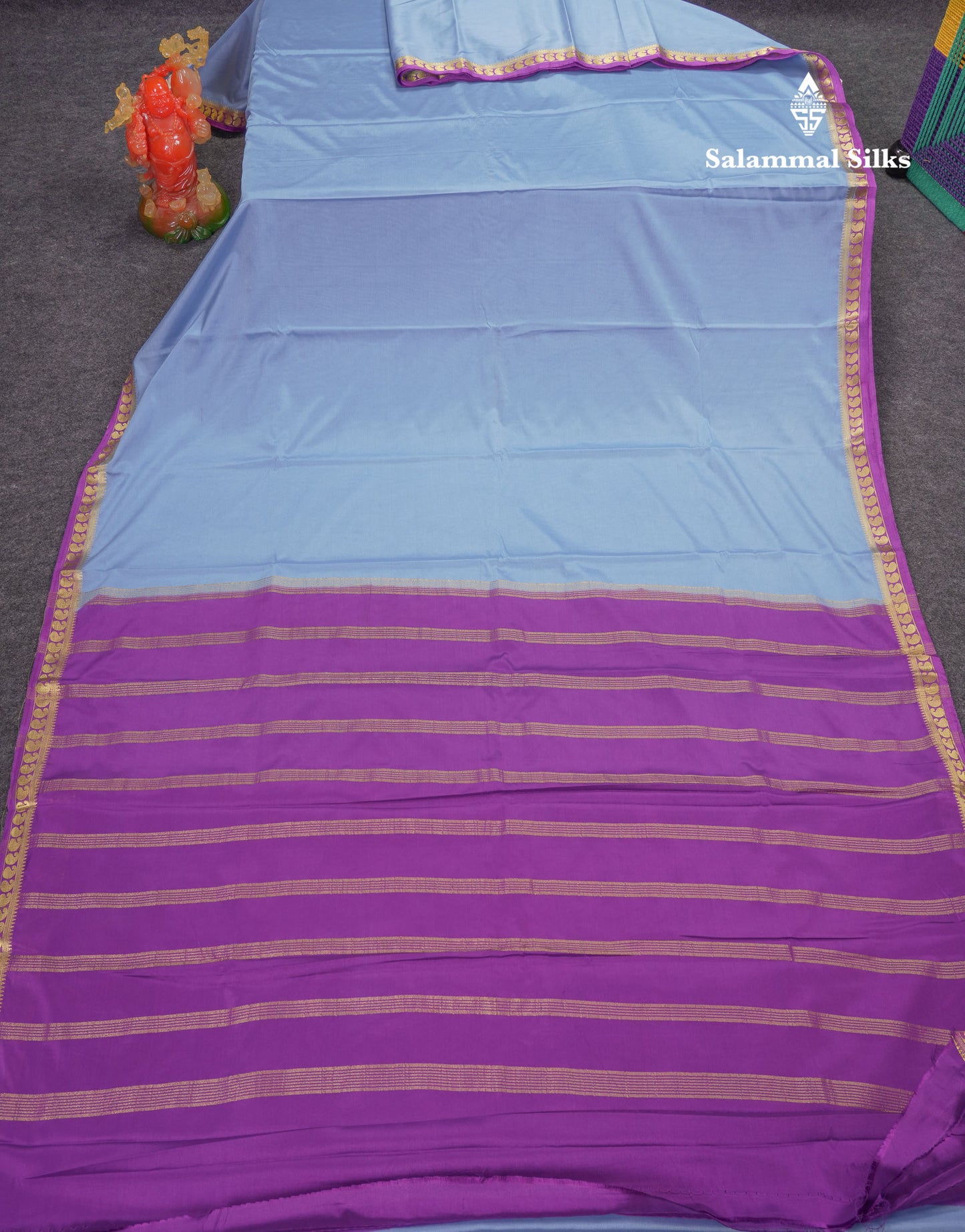 Beautiful Light Ramar Blue Plain Semi Mysore Silk Saree With Contrast Navy Blue Traditional Small Border