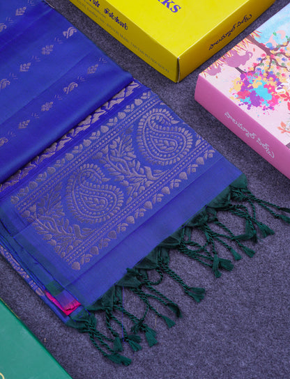 Beautiful Dual Tone Blue Pure Kanjivaram Soft Silk Saree With Blouse