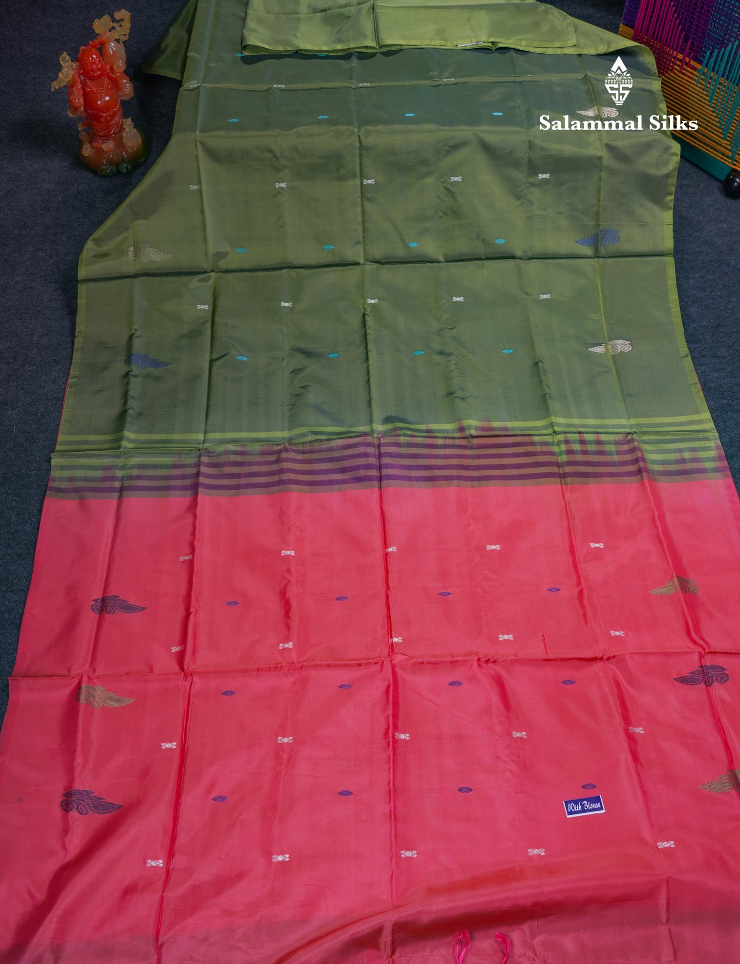 Olive Green Thread work Buttas Banana Pinth Saree (Vaazhainaar Pattu) With Contrast Pink Blouse