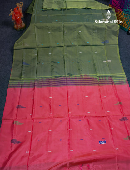 Olive Green Thread work Buttas Banana Pinth Saree (Vaazhainaar Pattu) With Contrast Pink Blouse