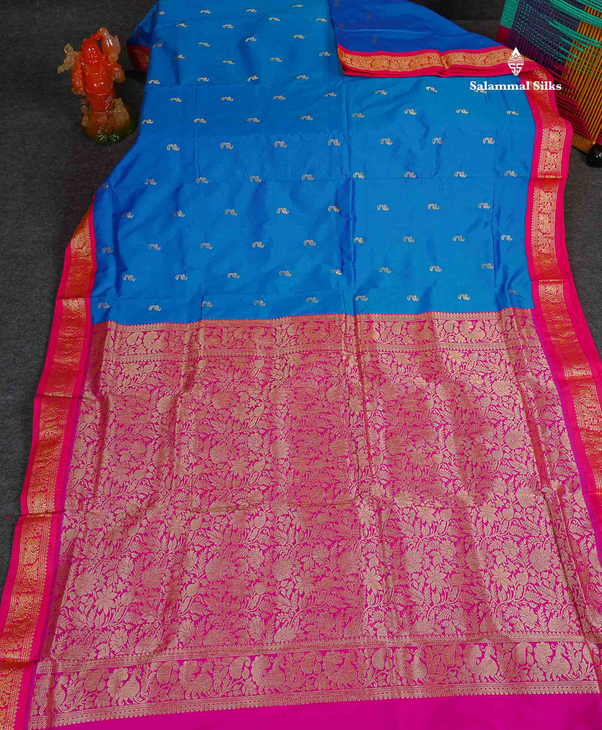 Semi Silk Saree - Blue Colour Body Zari Butta With Pink Border | 9.5 Yards