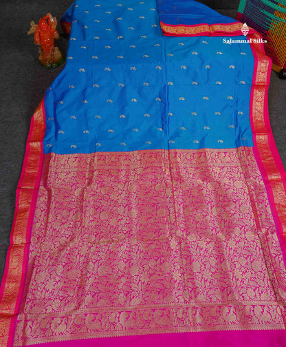 Semi Silk Saree - Blue Colour Body Zari Butta With Pink Border | 9.5 Yards