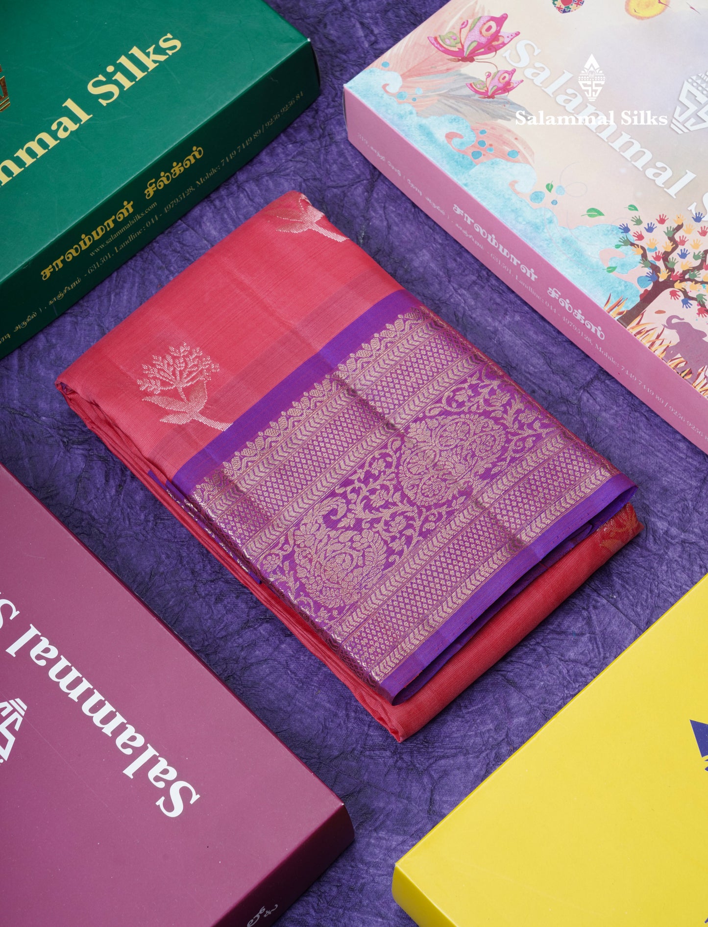 Pink Puremix Silk Saree With Contrast Purple Border